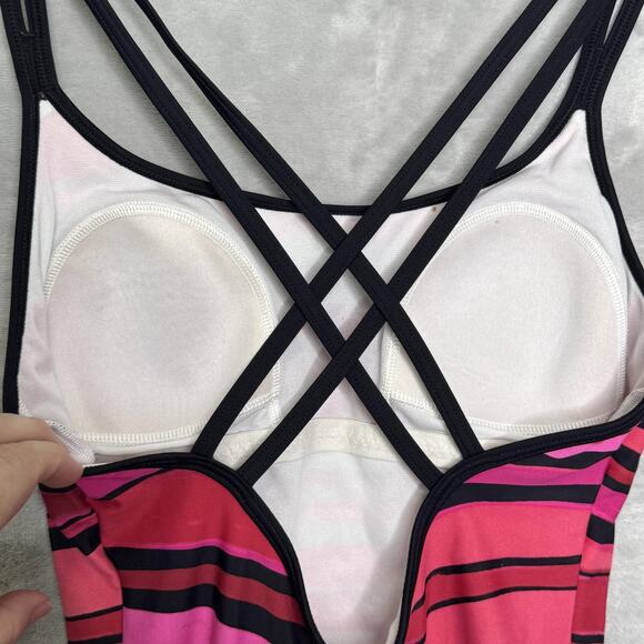 Speedo Swimsuit Womens 6 Pink Black Striped Strappy Back One Piece Swimwear - Picture 4 of 7